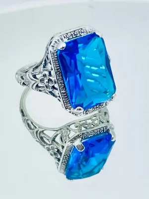 Swiss Blue Topaz Ring, Cushion Cut Gemstone, Vintage Style Art Nouveau Jewelry, Design#D64
