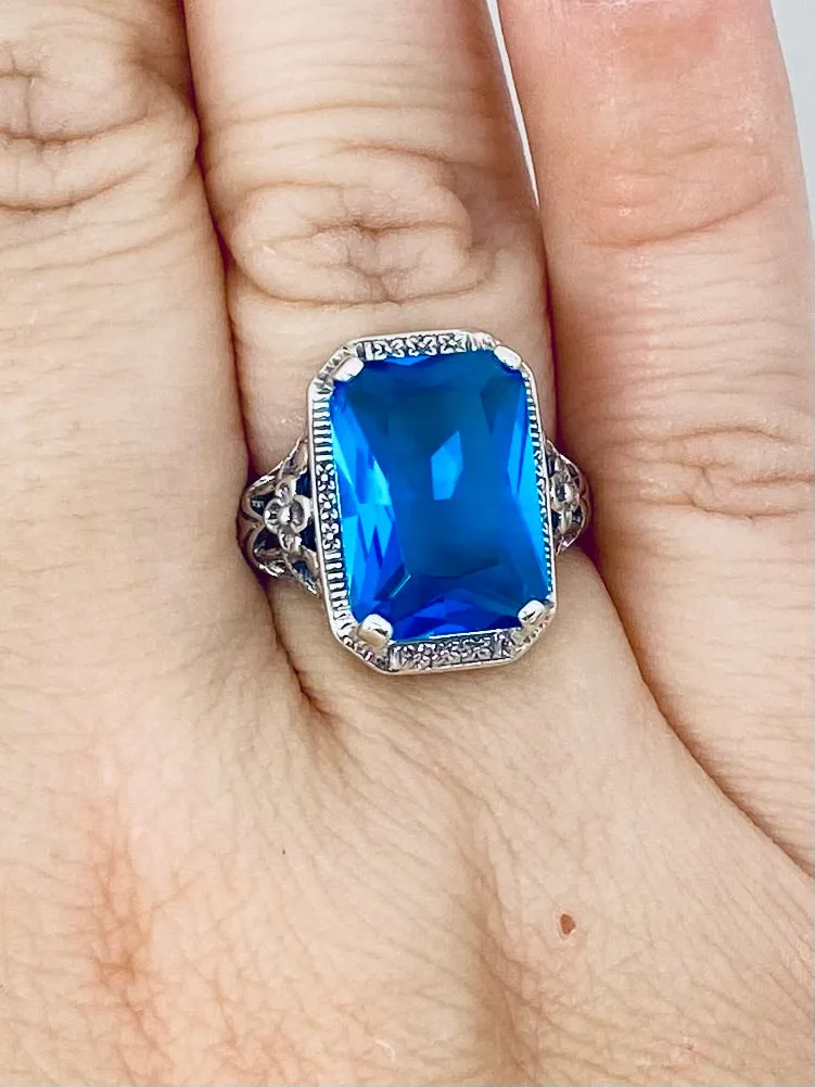 Swiss Blue Topaz Ring, Cushion Cut Gemstone, Vintage Style Art Nouveau Jewelry, Design#D64