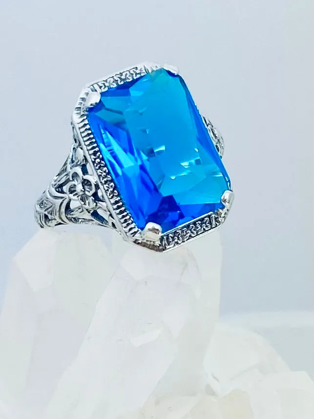 Swiss Blue Topaz Ring, Cushion Cut Gemstone, Vintage Style Art Nouveau Jewelry, Design#D64