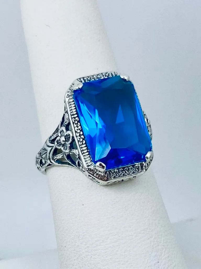 Swiss Blue Topaz Ring, Cushion Cut Gemstone, Vintage Style Art Nouveau Jewelry, Design#D64