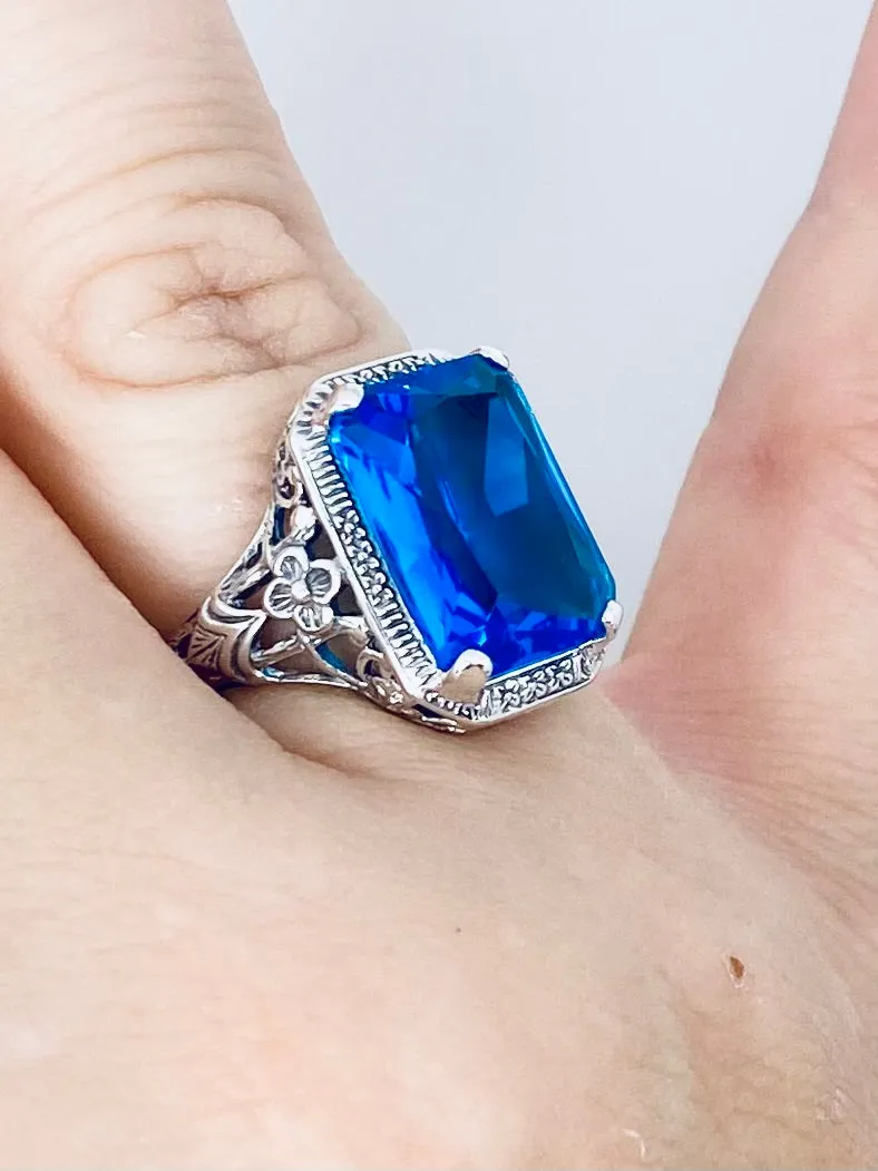 Swiss Blue Topaz Ring, Cushion Cut Gemstone, Vintage Style Art Nouveau Jewelry, Design#D64