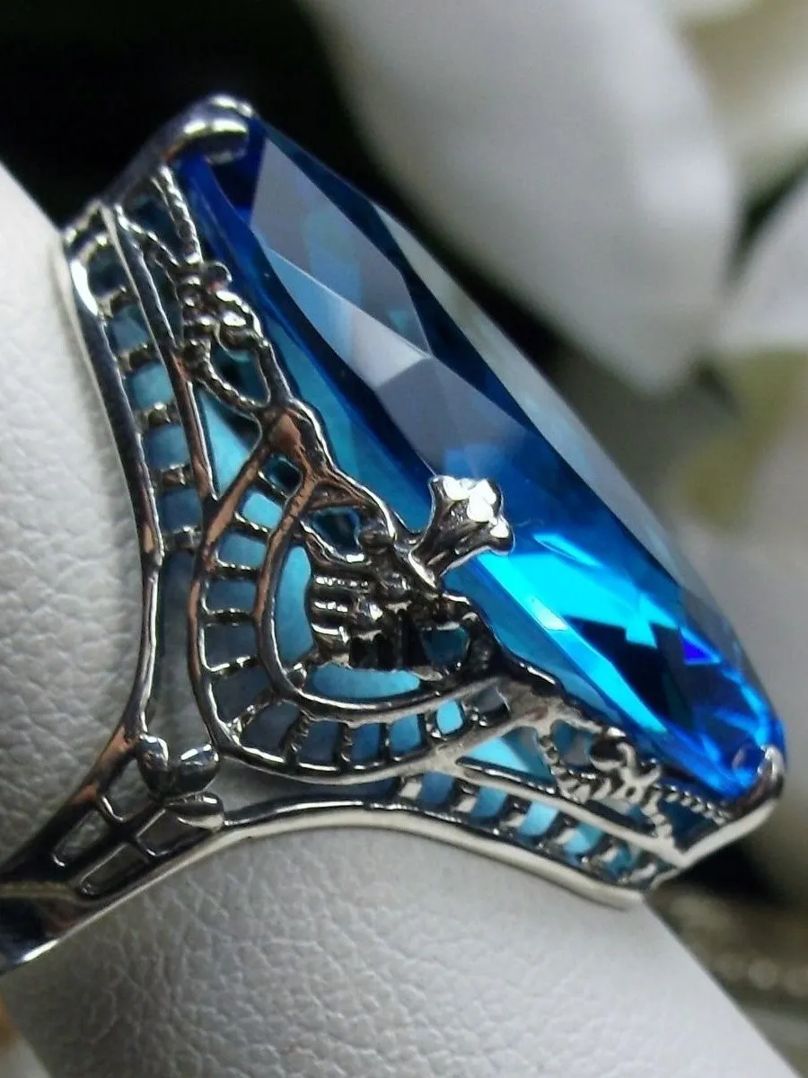 Swiss Blue Topaz Ring, Marquise Cut Gemstone, Victorian Filigree Jewelry #D75