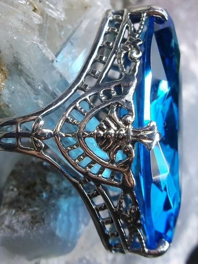 Swiss Blue Topaz Ring, Marquise Cut Gemstone, Victorian Filigree Jewelry #D75