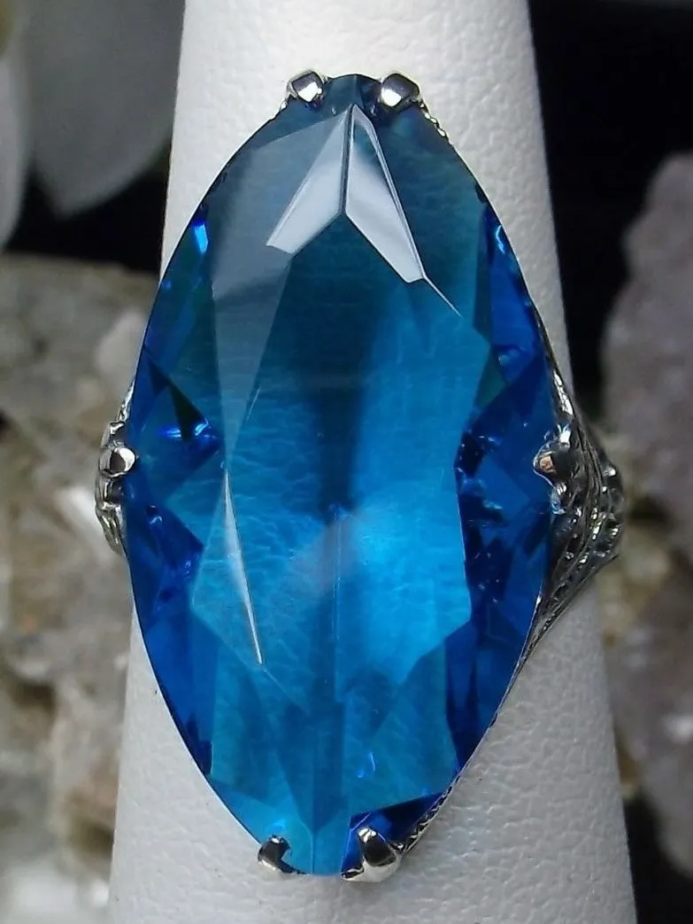 Swiss Blue Topaz Ring, Marquise Cut Gemstone, Victorian Filigree Jewelry #D75