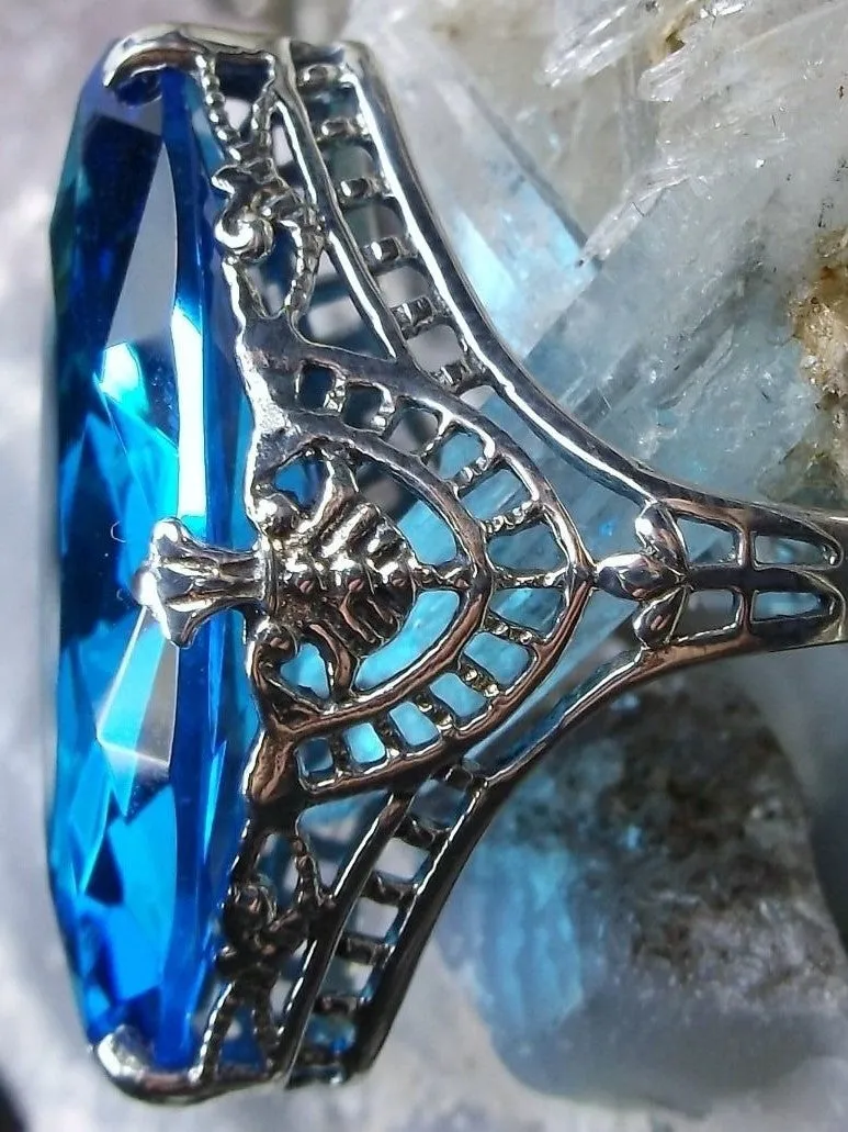 Swiss Blue Topaz Ring, Marquise Cut Gemstone, Victorian Filigree Jewelry #D75