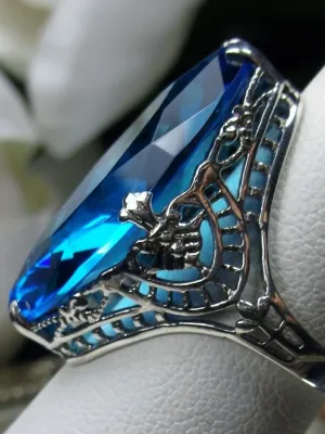 Swiss Blue Topaz Ring, Marquise Cut Gemstone, Victorian Filigree Jewelry #D75