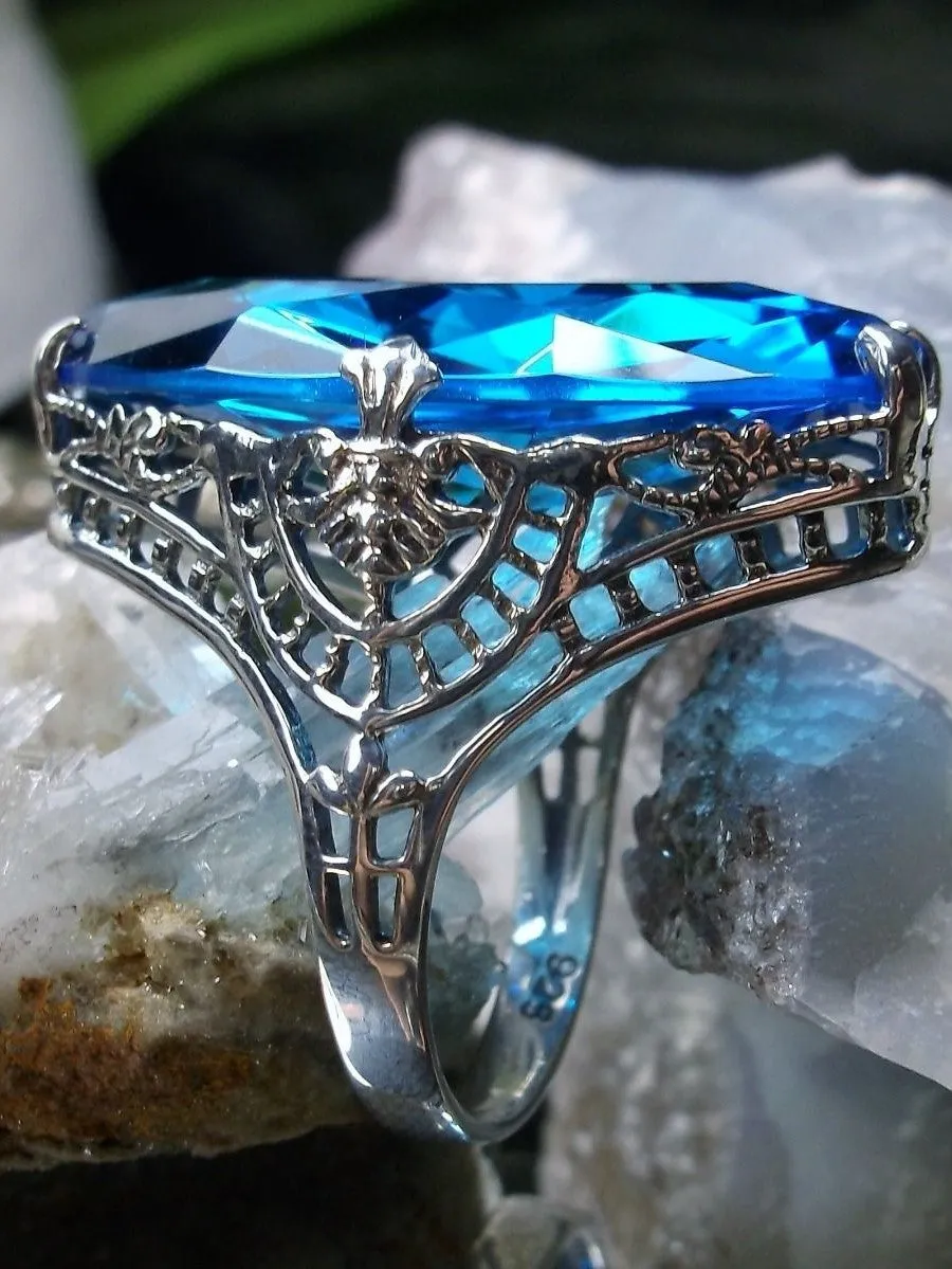 Swiss Blue Topaz Ring, Marquise Cut Gemstone, Victorian Filigree Jewelry #D75