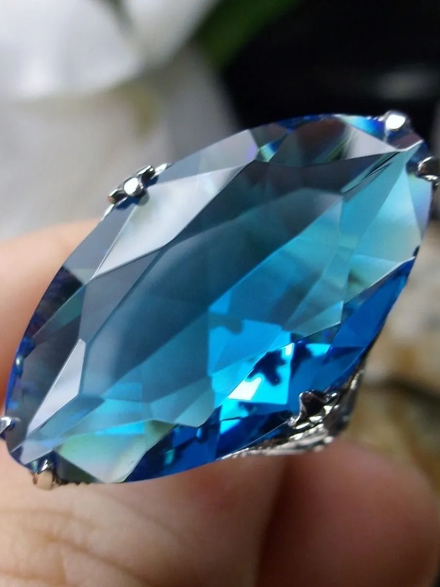 Swiss Blue Topaz Ring, Marquise Cut Gemstone, Victorian Filigree Jewelry #D75