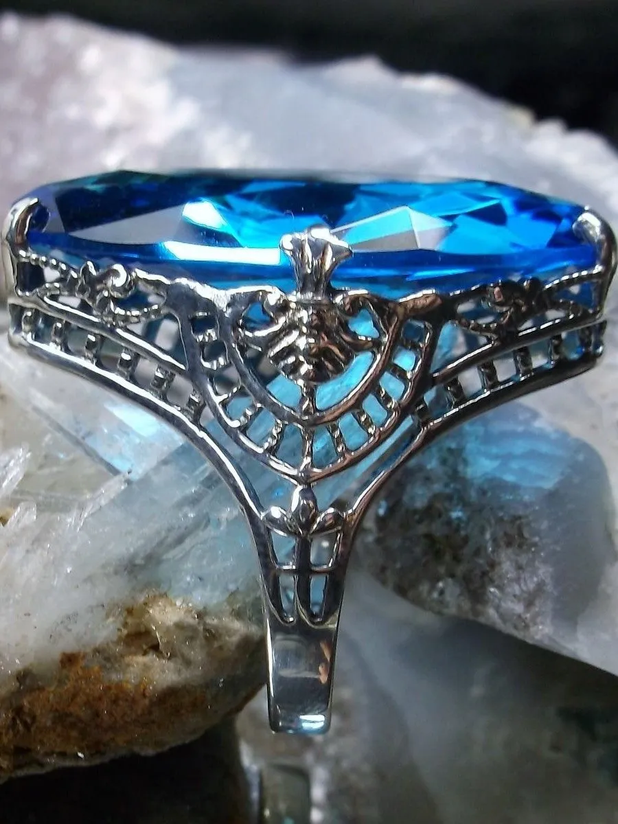 Swiss Blue Topaz Ring, Marquise Cut Gemstone, Victorian Filigree Jewelry #D75
