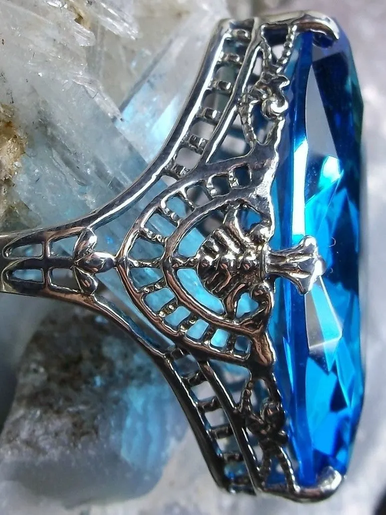 Swiss Blue Topaz Ring, Marquise Cut Gemstone, Victorian Filigree Jewelry #D75