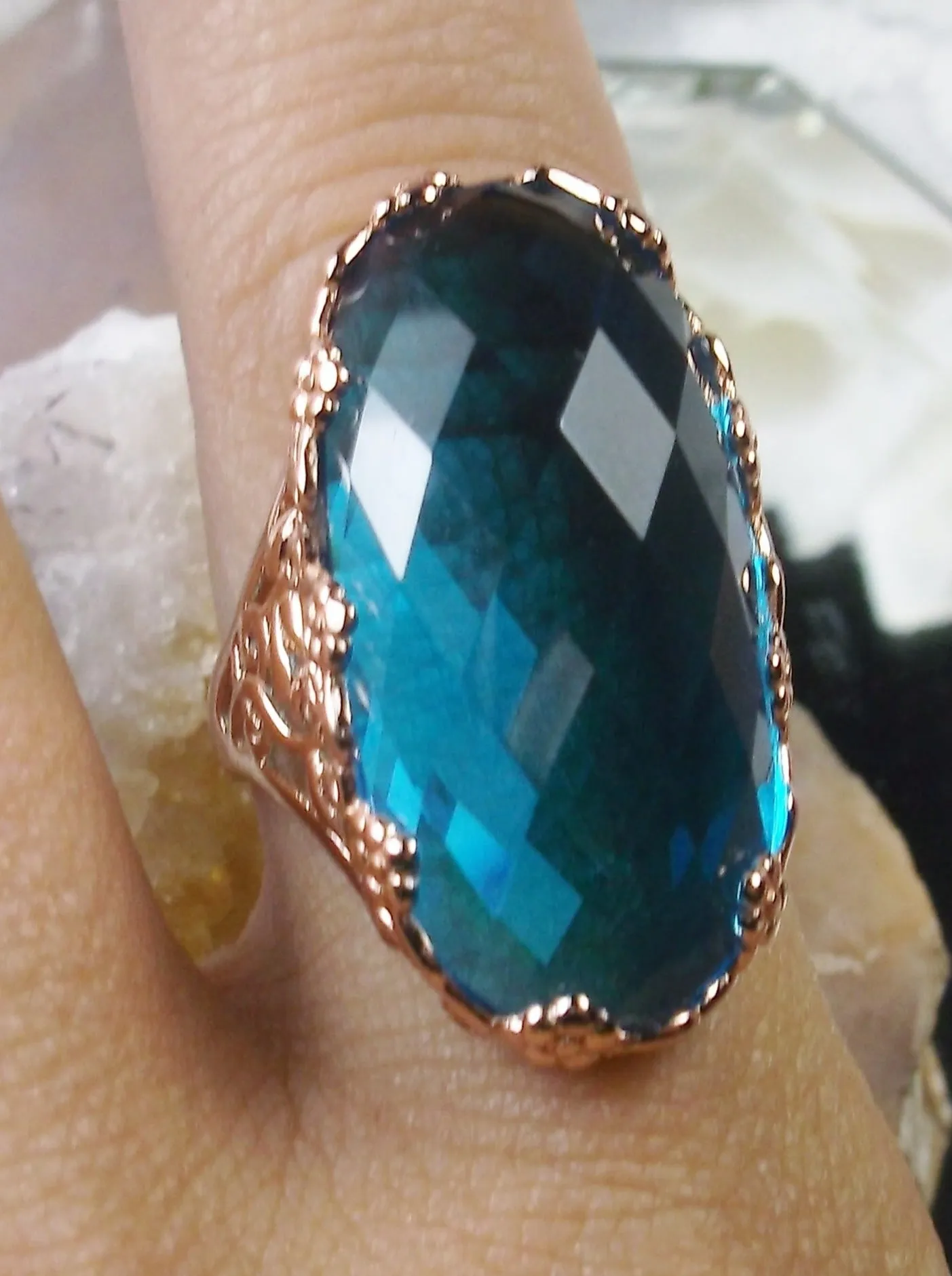 Swiss Blue Topaz Ring, Rose Gold plated Sterling Silver, Large Oval gem, Vintage Jewelry #D97