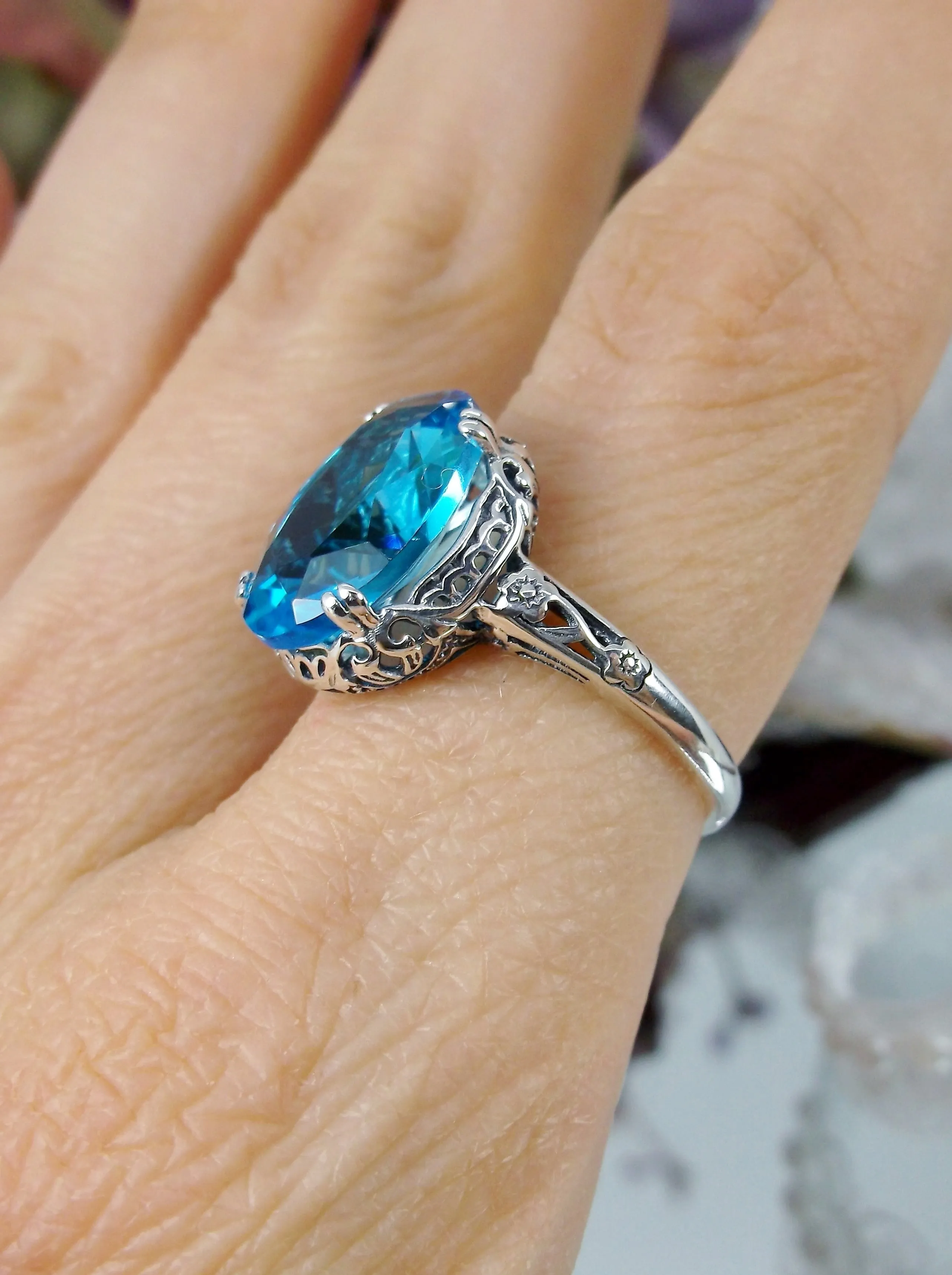 Swiss Blue Topaz Ring, Sterling Silver Edwardian Jewelry #D70