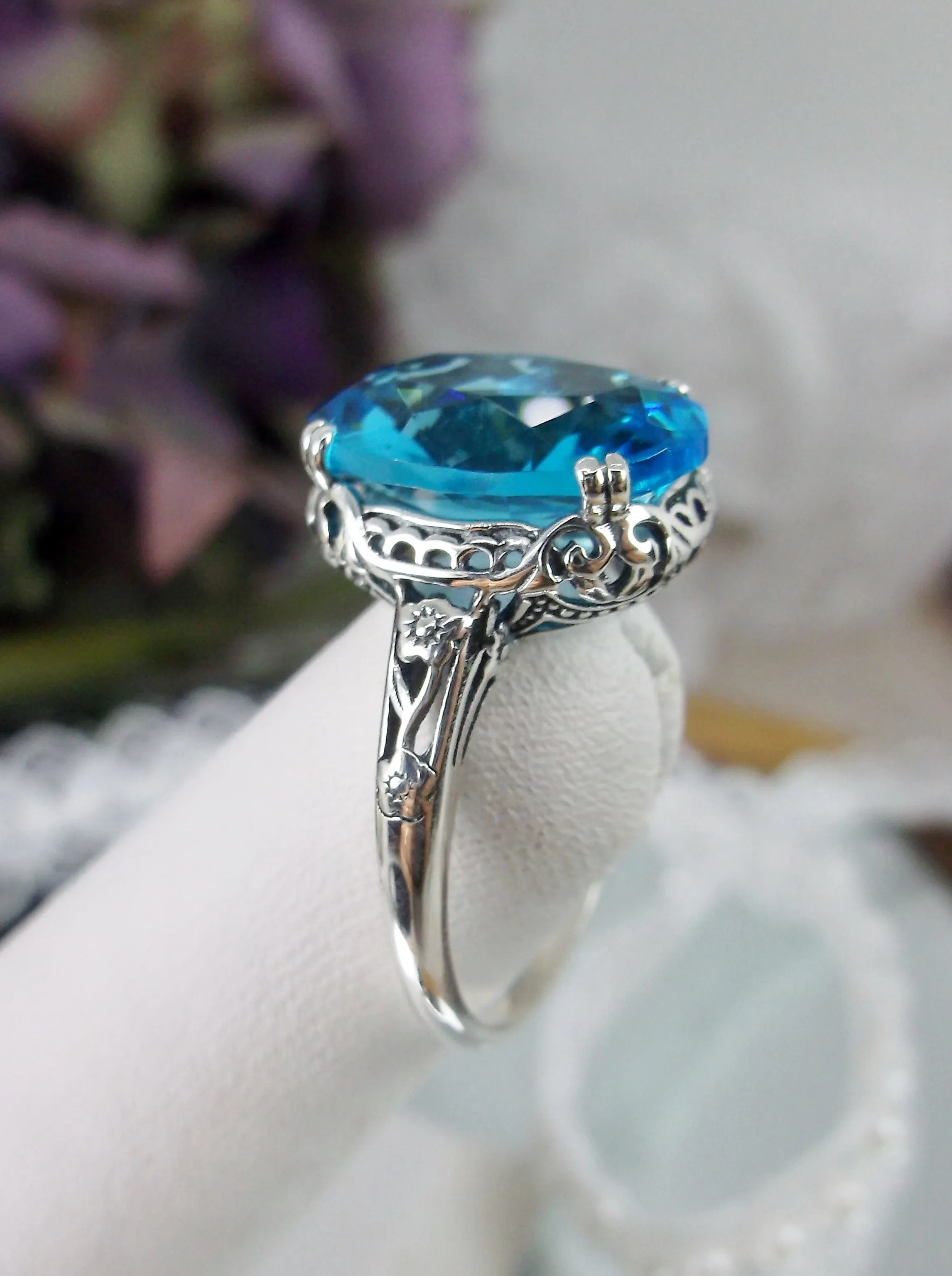 Swiss Blue Topaz Ring, Sterling Silver Edwardian Jewelry #D70