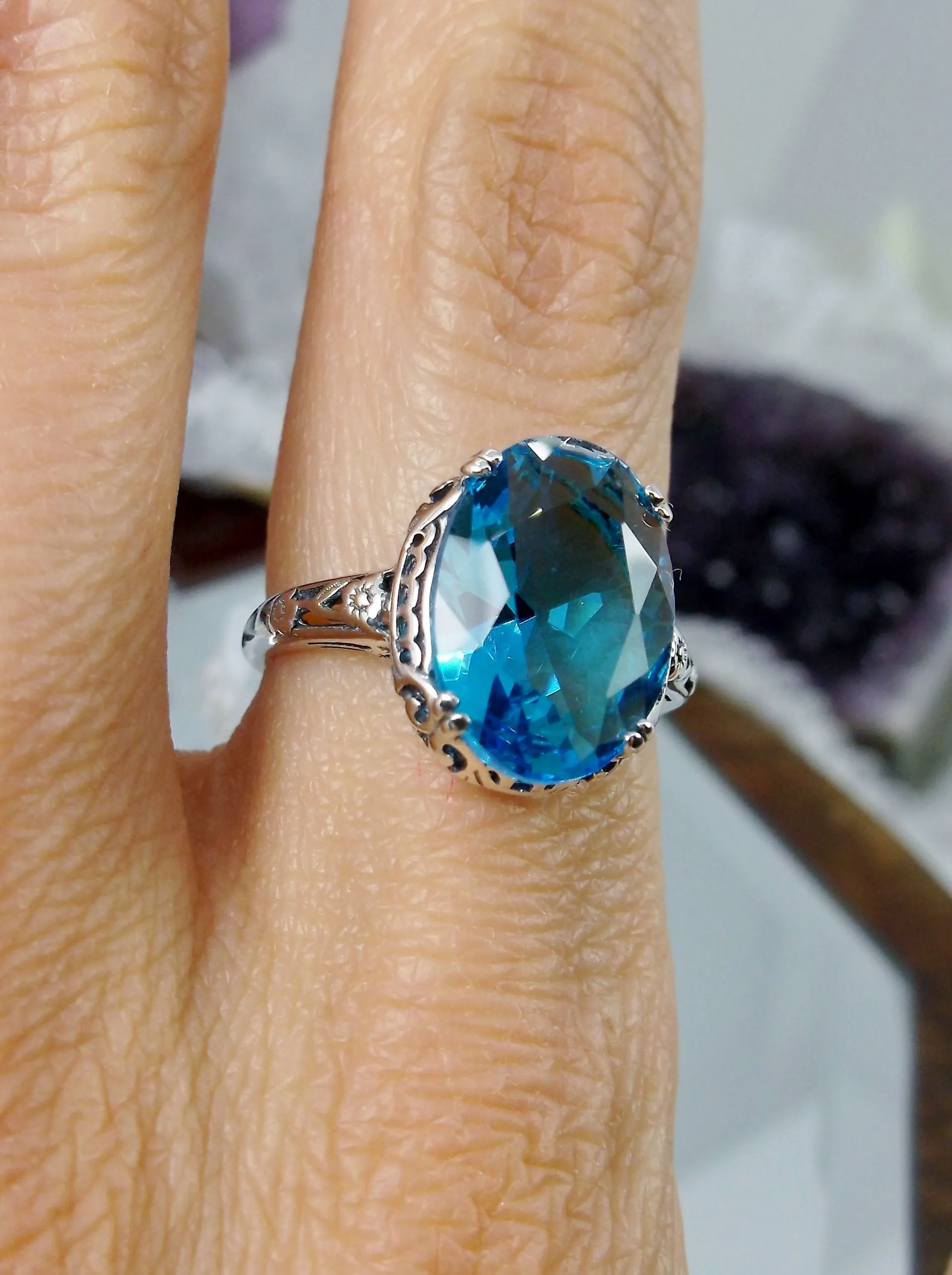Swiss Blue Topaz Ring, Sterling Silver Edwardian Jewelry #D70