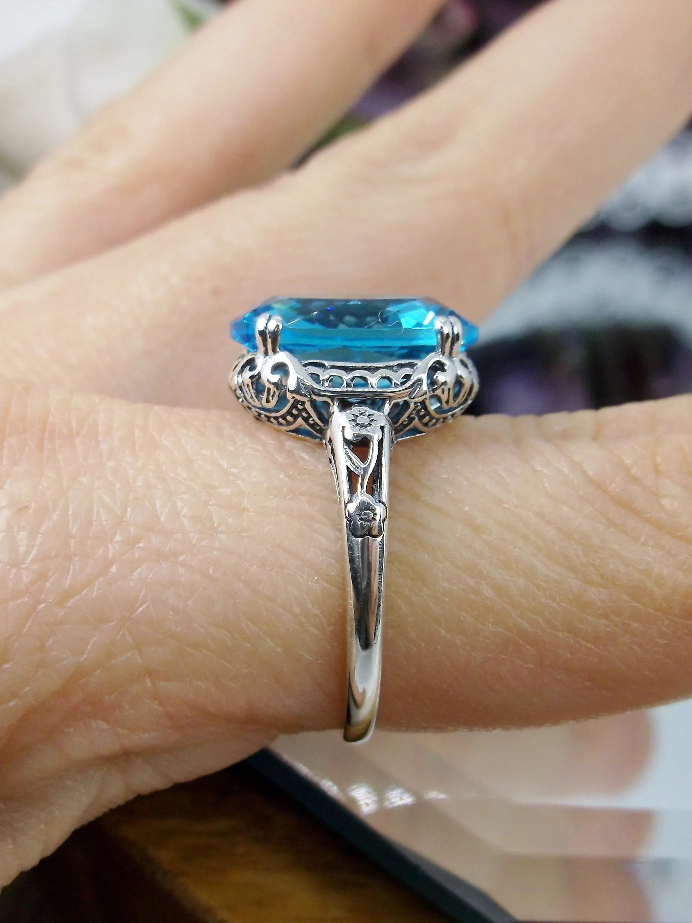 Swiss Blue Topaz Ring, Sterling Silver Edwardian Jewelry #D70