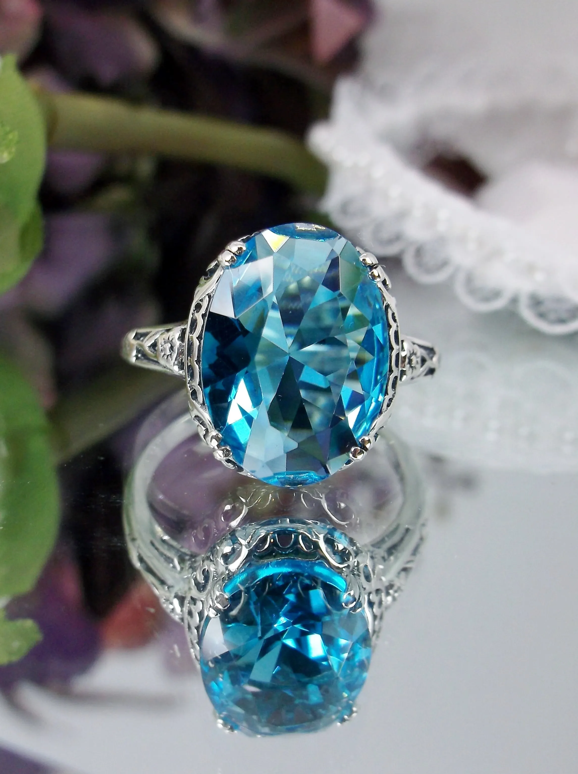 Swiss Blue Topaz Ring, Sterling Silver Edwardian Jewelry #D70