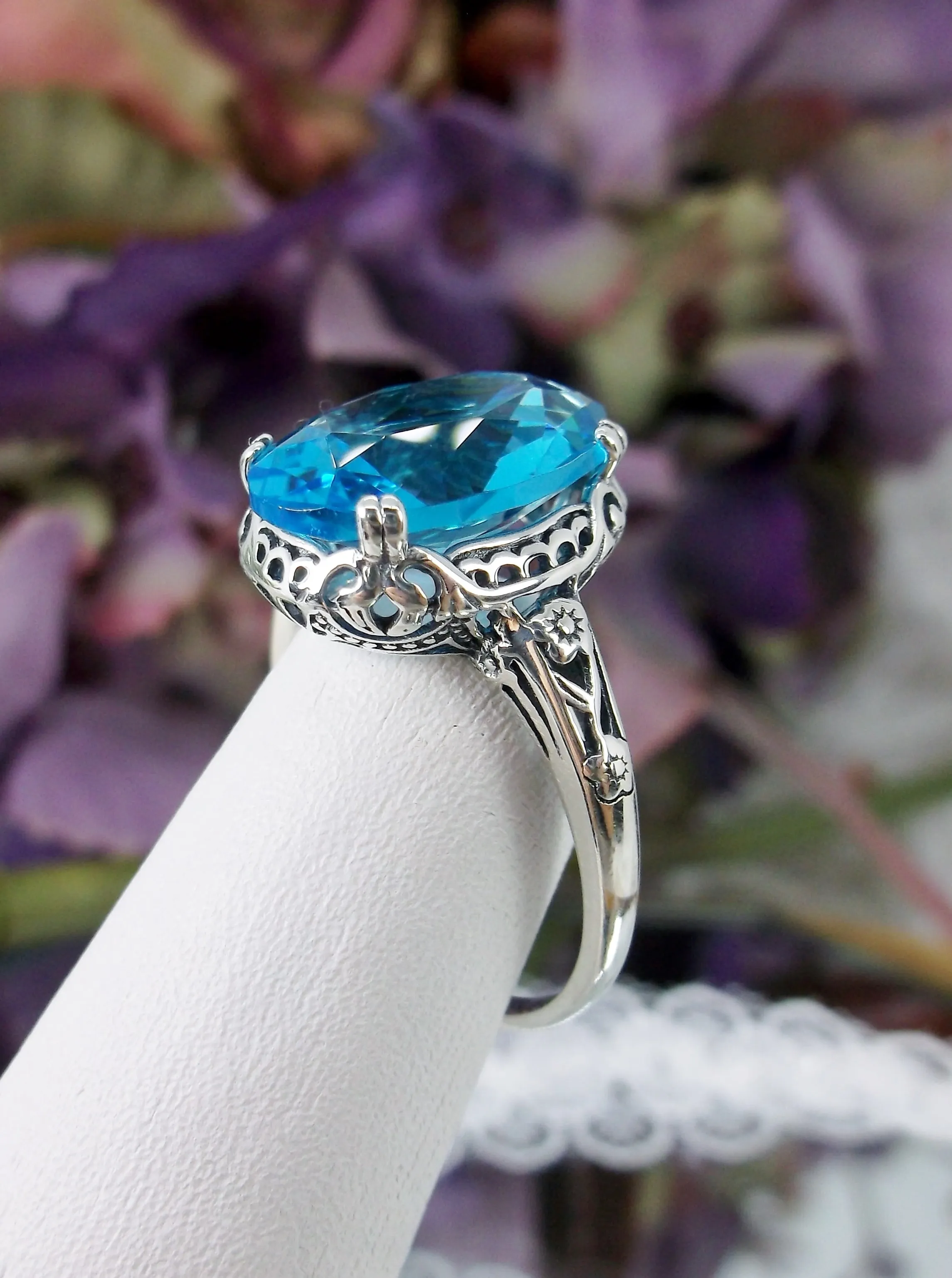 Swiss Blue Topaz Ring, Sterling Silver Edwardian Jewelry #D70
