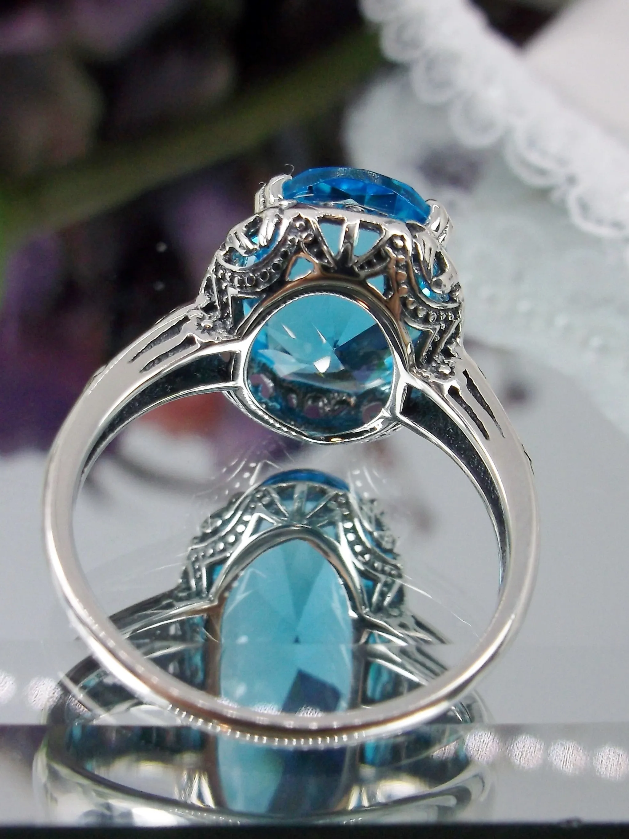 Swiss Blue Topaz Ring, Sterling Silver Edwardian Jewelry #D70
