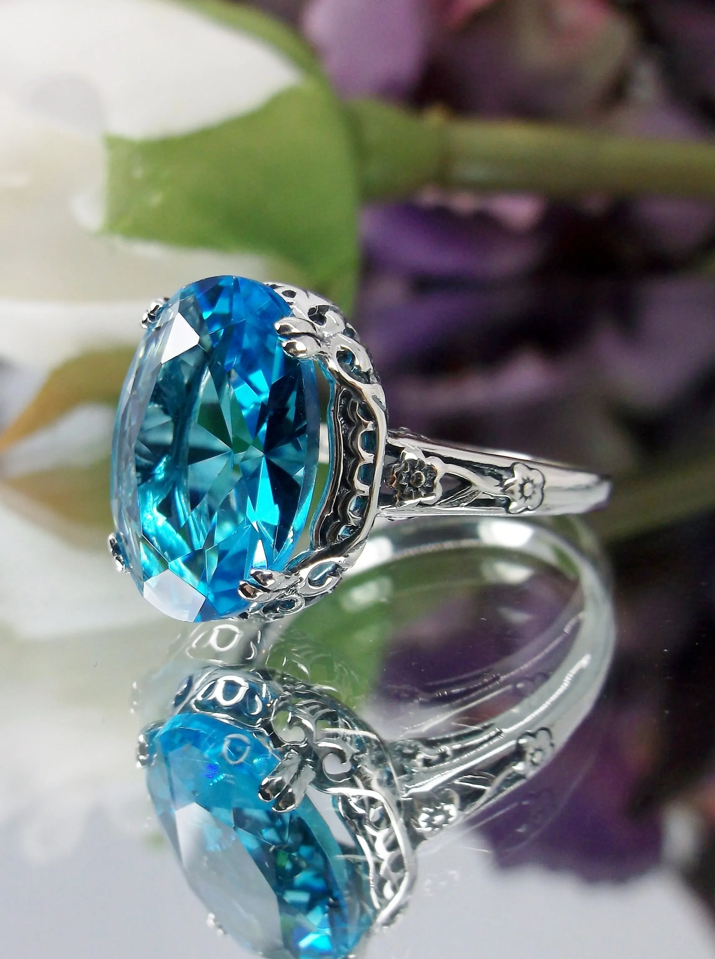Swiss Blue Topaz Ring, Sterling Silver Edwardian Jewelry #D70