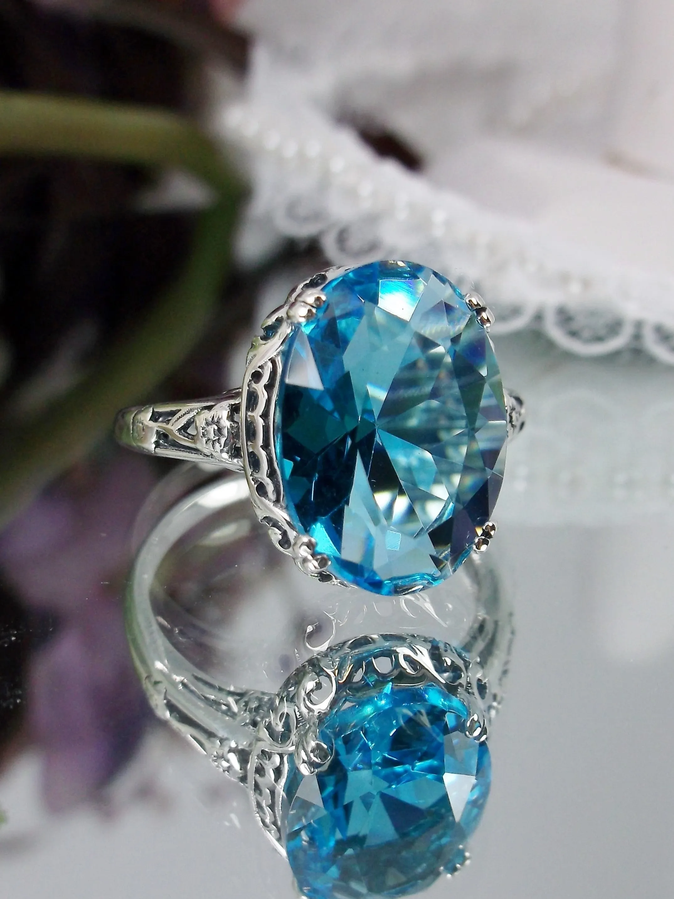 Swiss Blue Topaz Ring, Sterling Silver Edwardian Jewelry #D70