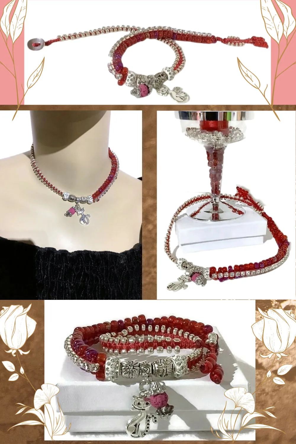 THE RED RUBY PUSSYCAT DIFFUSER BRACELET, double wrap, macramé bracelet, crystal chain, woman's size 15, boho-chic style, valentine's gift, for her
