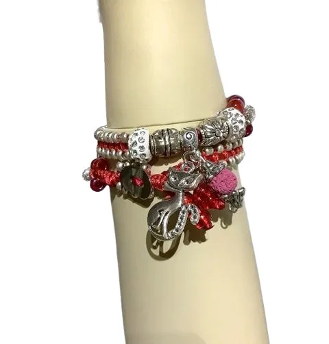 THE RED RUBY PUSSYCAT DIFFUSER BRACELET, double wrap, macramé bracelet, crystal chain, woman's size 15, boho-chic style, valentine's gift, for her