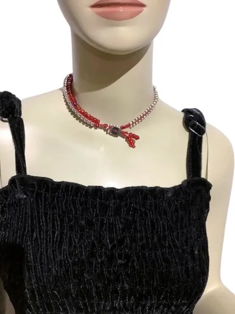 THE RED RUBY PUSSYCAT DIFFUSER BRACELET, double wrap, macramé bracelet, crystal chain, woman's size 15, boho-chic style, valentine's gift, for her