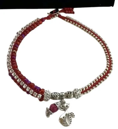 THE RED RUBY PUSSYCAT DIFFUSER BRACELET, double wrap, macramé bracelet, crystal chain, woman's size 15, boho-chic style, valentine's gift, for her