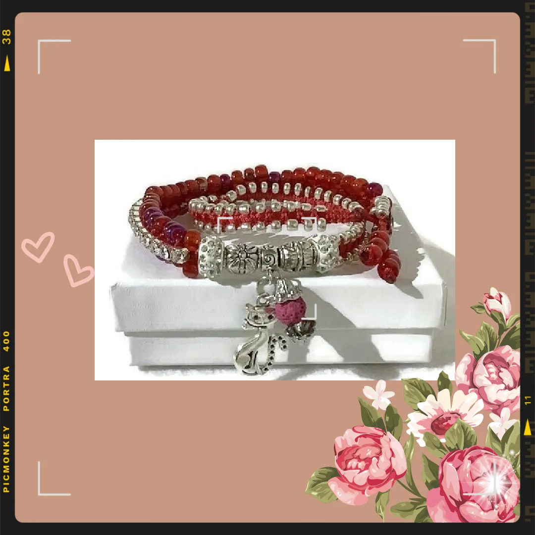 THE RED RUBY PUSSYCAT DIFFUSER BRACELET, double wrap, macramé bracelet, crystal chain, woman's size 15, boho-chic style, valentine's gift, for her