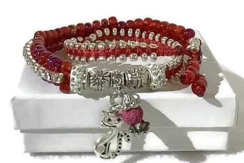 THE RED RUBY PUSSYCAT DIFFUSER BRACELET, double wrap, macramé bracelet, crystal chain, woman's size 15, boho-chic style, valentine's gift, for her