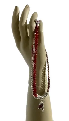 THE RED RUBY PUSSYCAT DIFFUSER BRACELET, double wrap, macramé bracelet, crystal chain, woman's size 15, boho-chic style, valentine's gift, for her