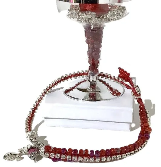 THE RED RUBY PUSSYCAT DIFFUSER BRACELET, double wrap, macramé bracelet, crystal chain, woman's size 15, boho-chic style, valentine's gift, for her