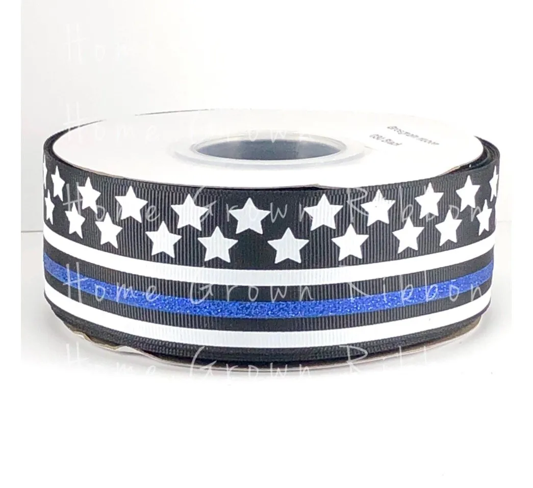 Thin Blue Line USDR Ribbon Blue Glitter Stripe - 7/8 Inch - 1.5 Inch - 3 Inch