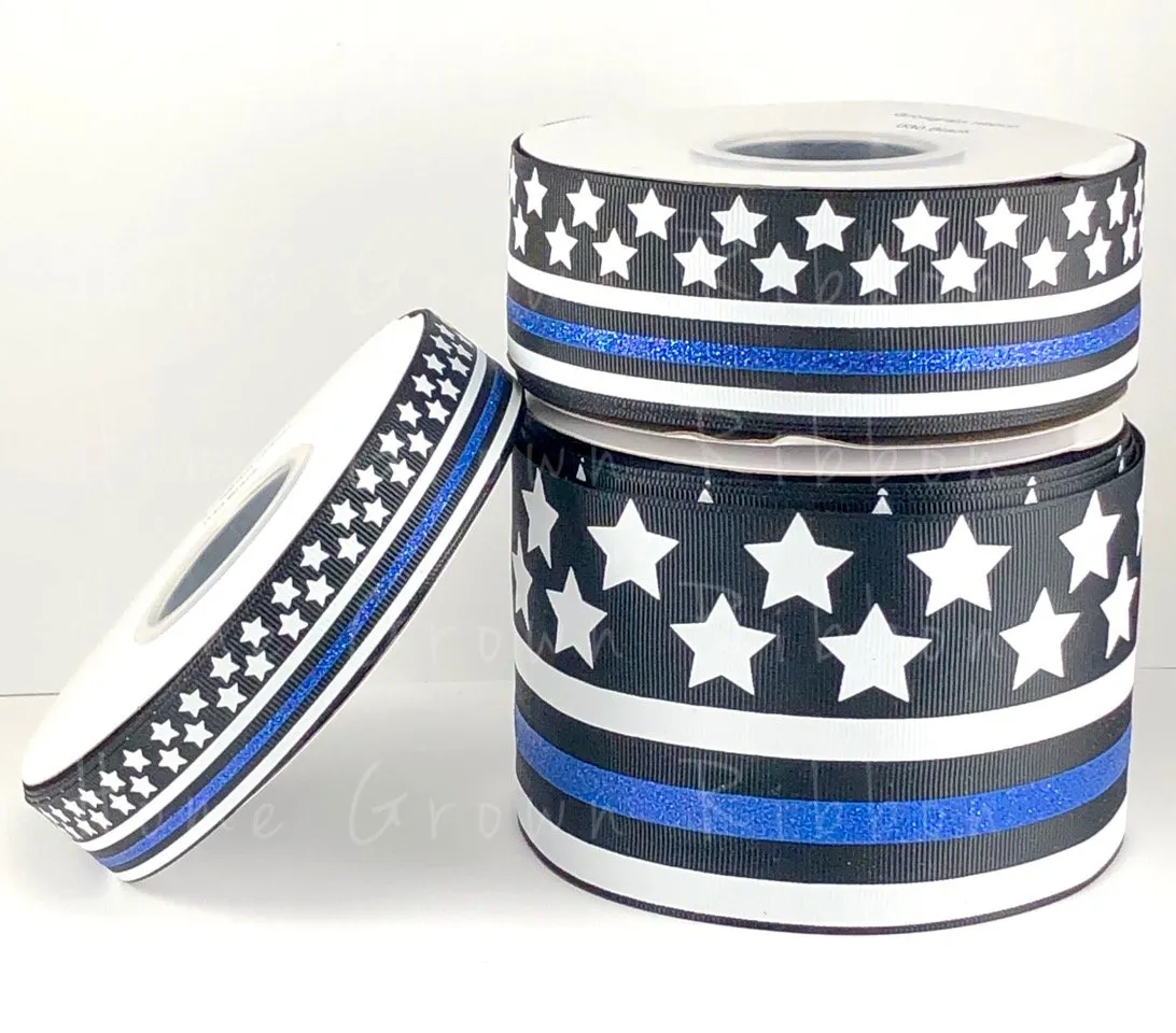 Thin Blue Line USDR Ribbon Blue Glitter Stripe - 7/8 Inch - 1.5 Inch - 3 Inch