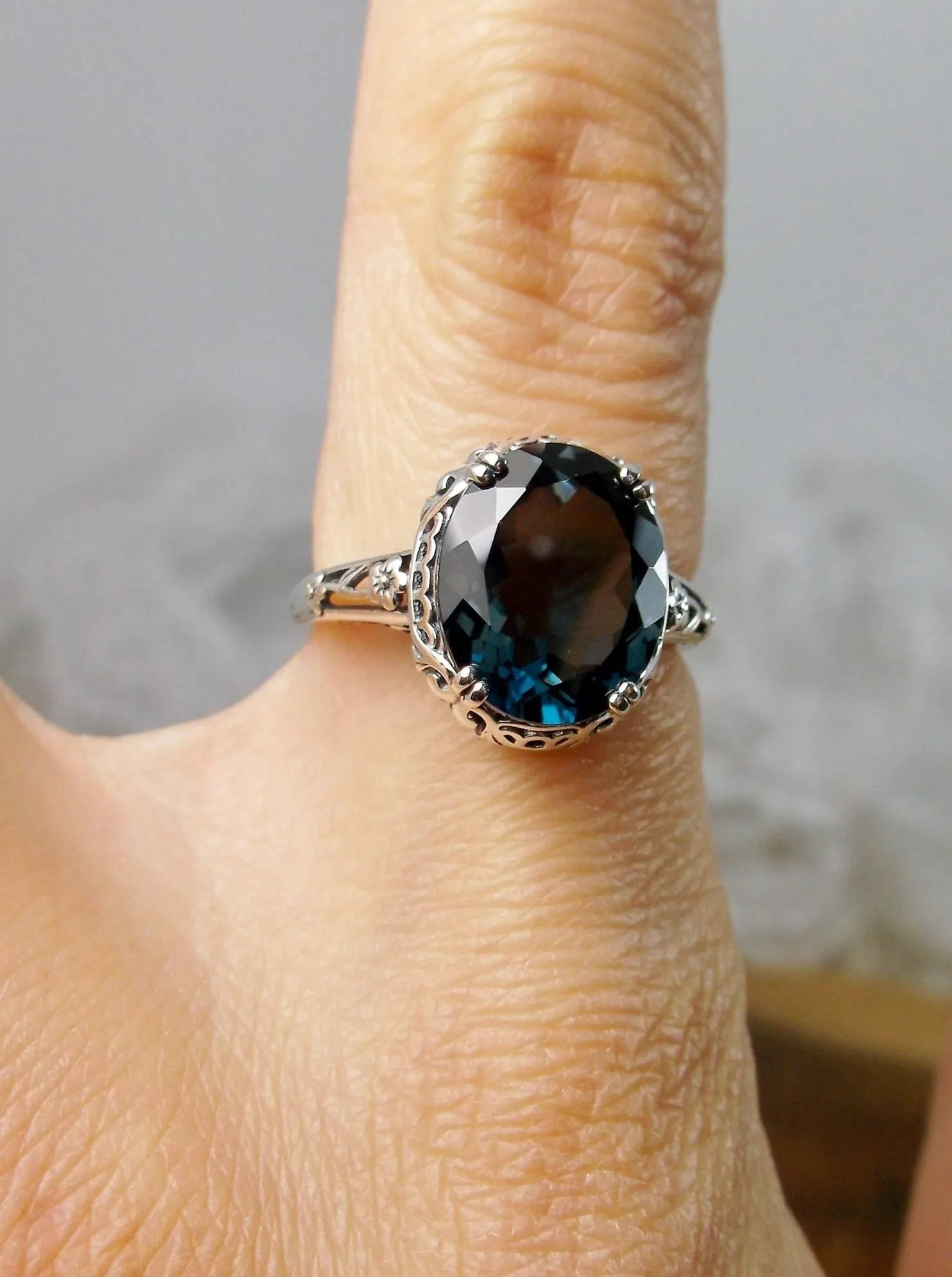 Topaz Ring, Natural London Blue Gemstone, Edwardian Antique Reproduction Jewelry #D70z