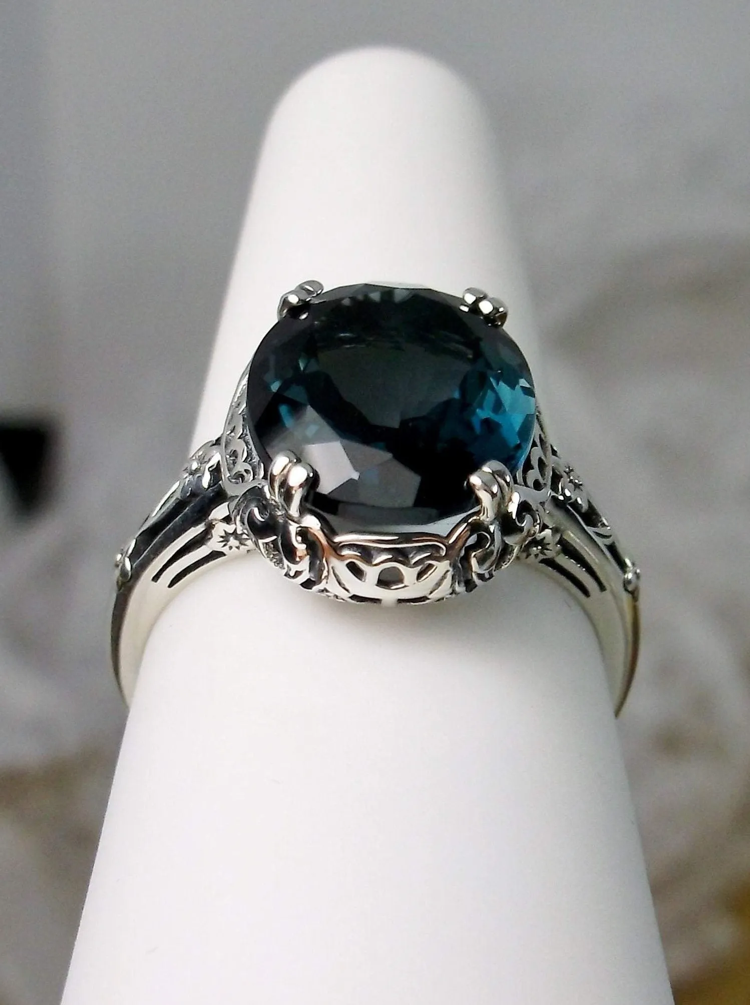Topaz Ring, Natural London Blue Gemstone, Edwardian Antique Reproduction Jewelry #D70z