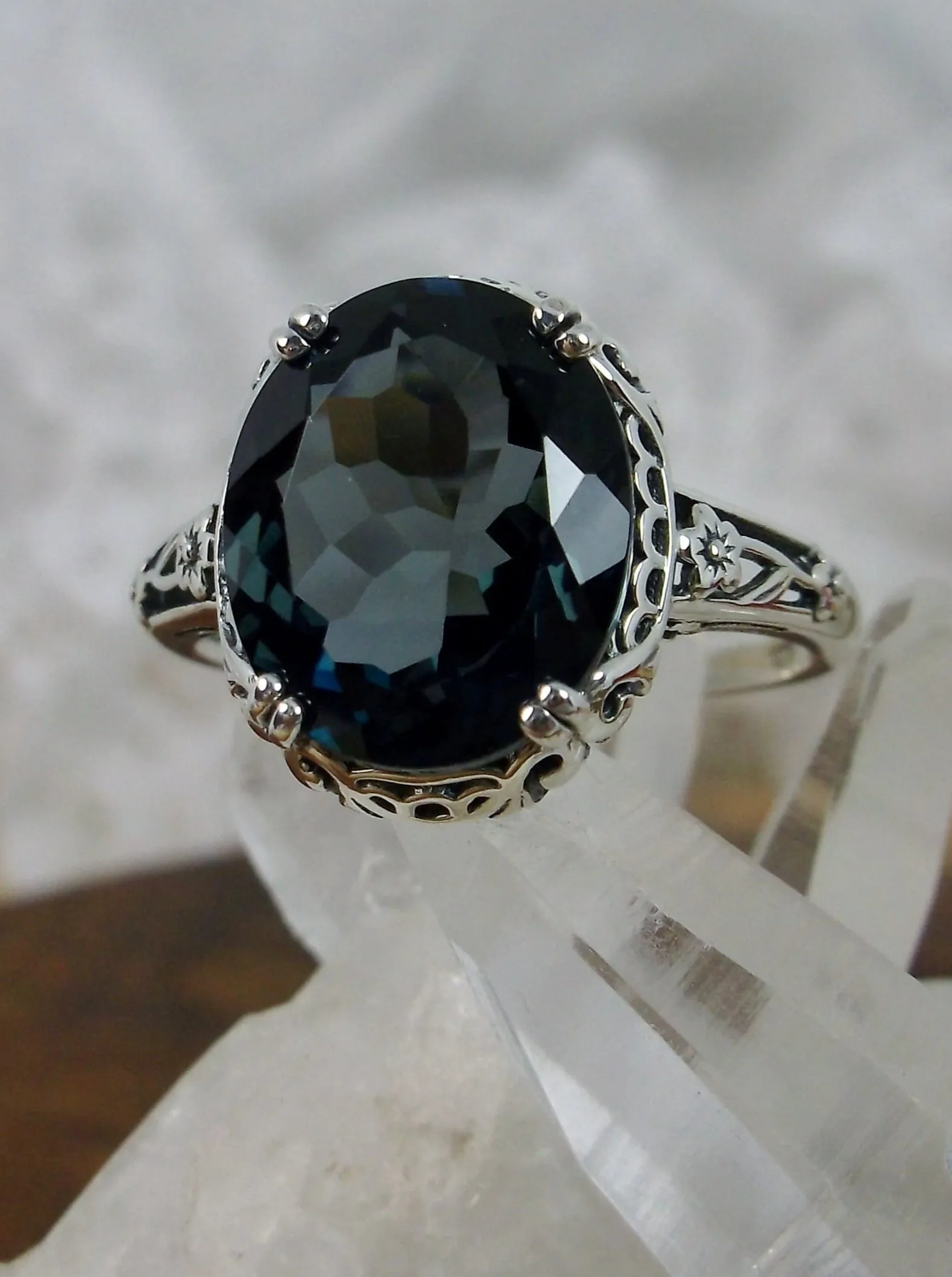 Topaz Ring, Natural London Blue Gemstone, Edwardian Antique Reproduction Jewelry #D70z