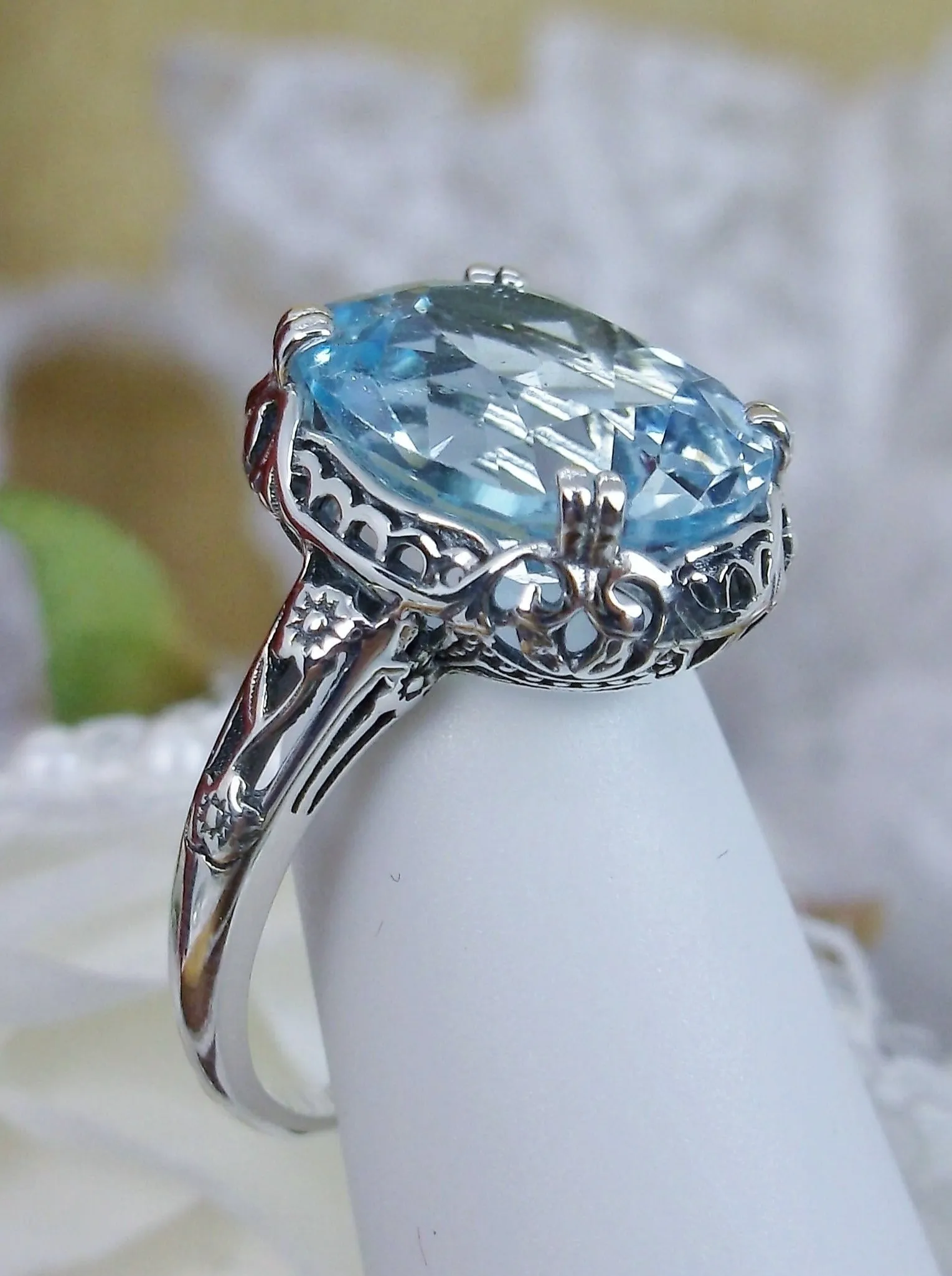 Topaz Ring, Natural Sky Blue Gemstone, Edwardian Antique Reproduction Jewelry #D70z