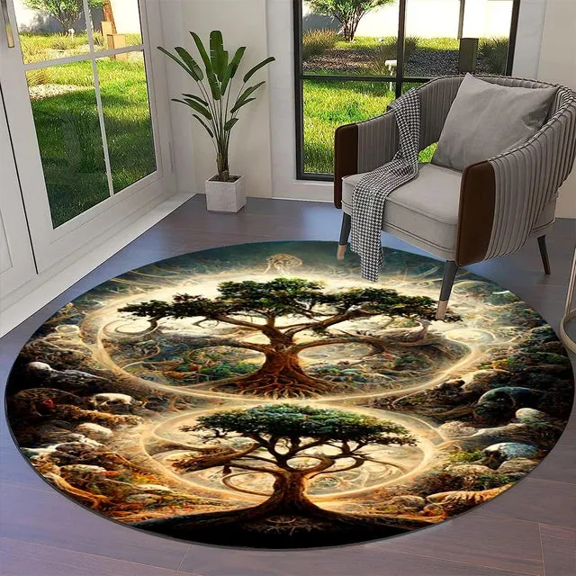 Transform Your Space with the Power of Norse Mythology: Tree of Life Valknut Round Rug