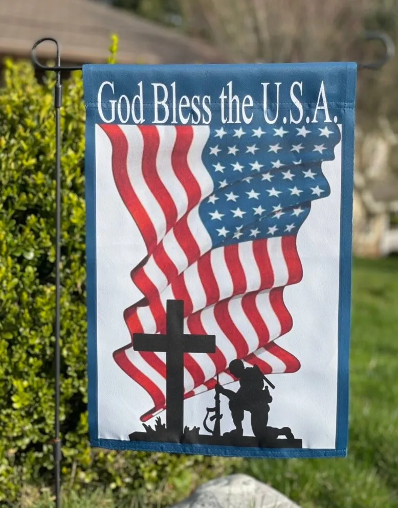 USA Military Soldier Patriotic Garden Flag, In memory Veteran memorial grave sign, 4th of July Banner, God Bless the USA Yard decor
