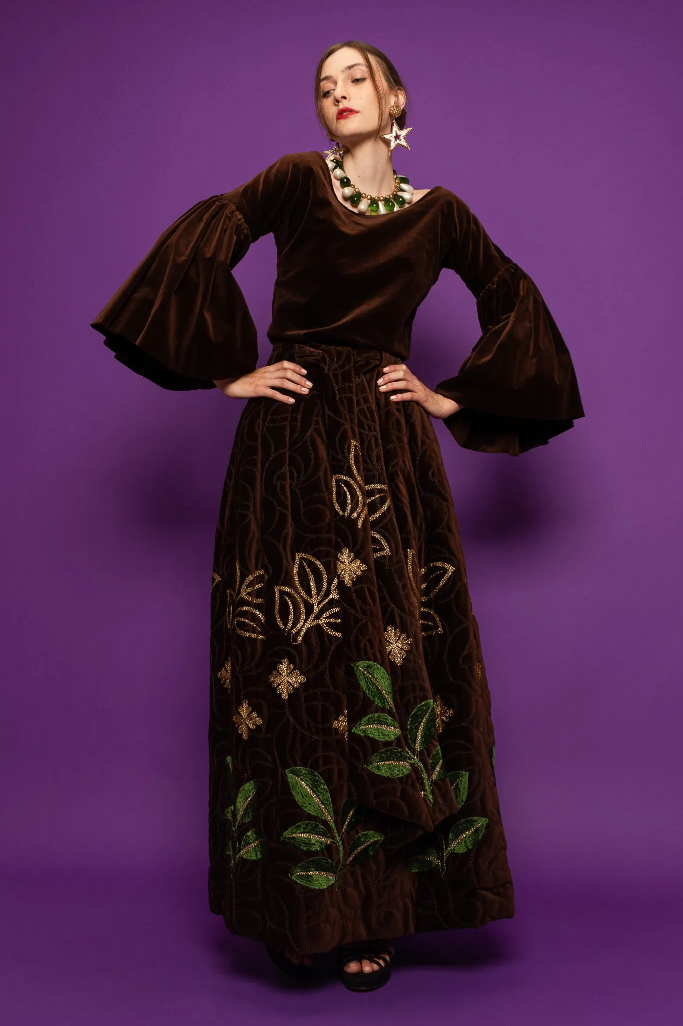 Velvet Leaf Embroidered Top & Skirt Set