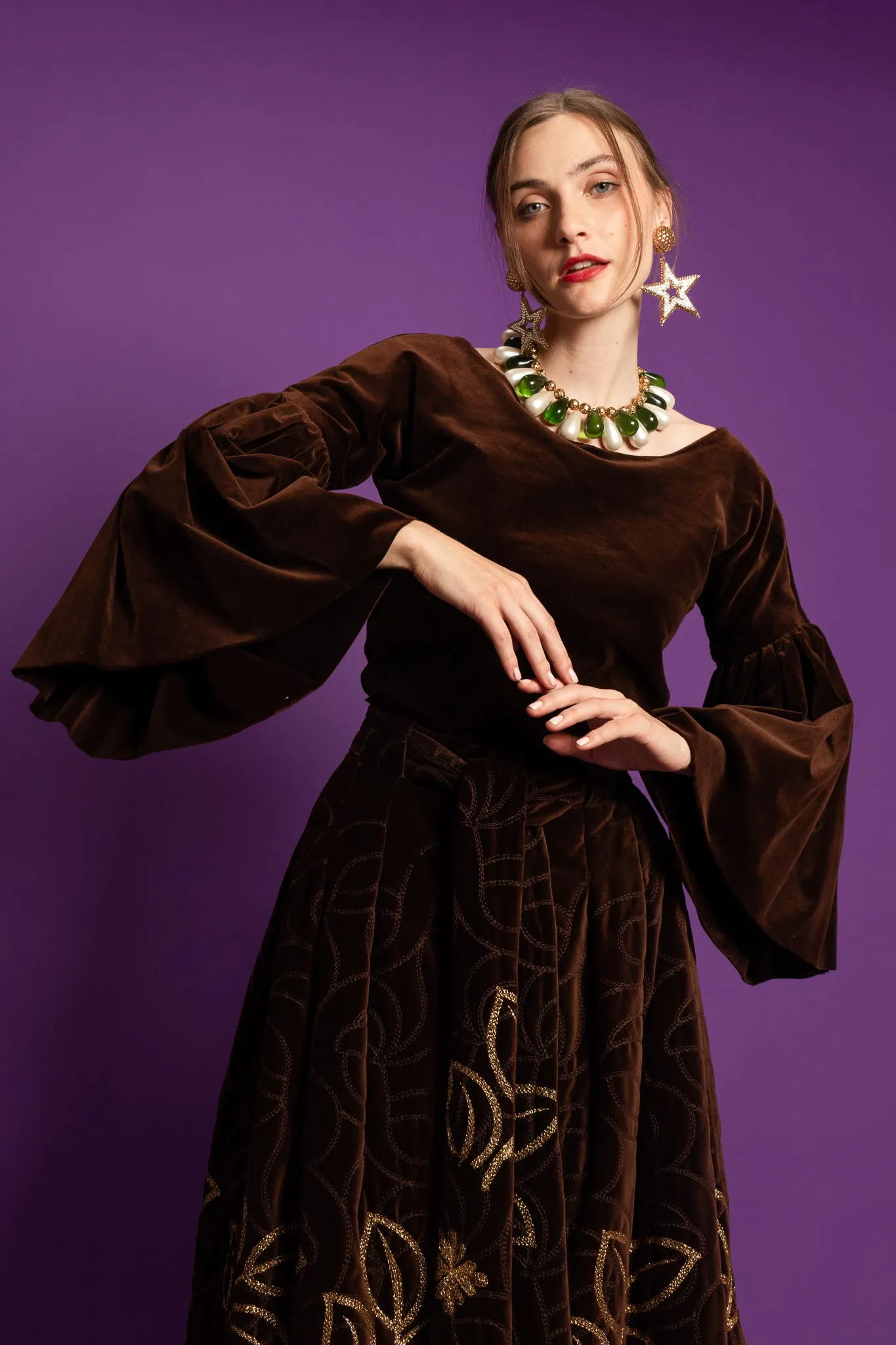 Velvet Leaf Embroidered Top & Skirt Set