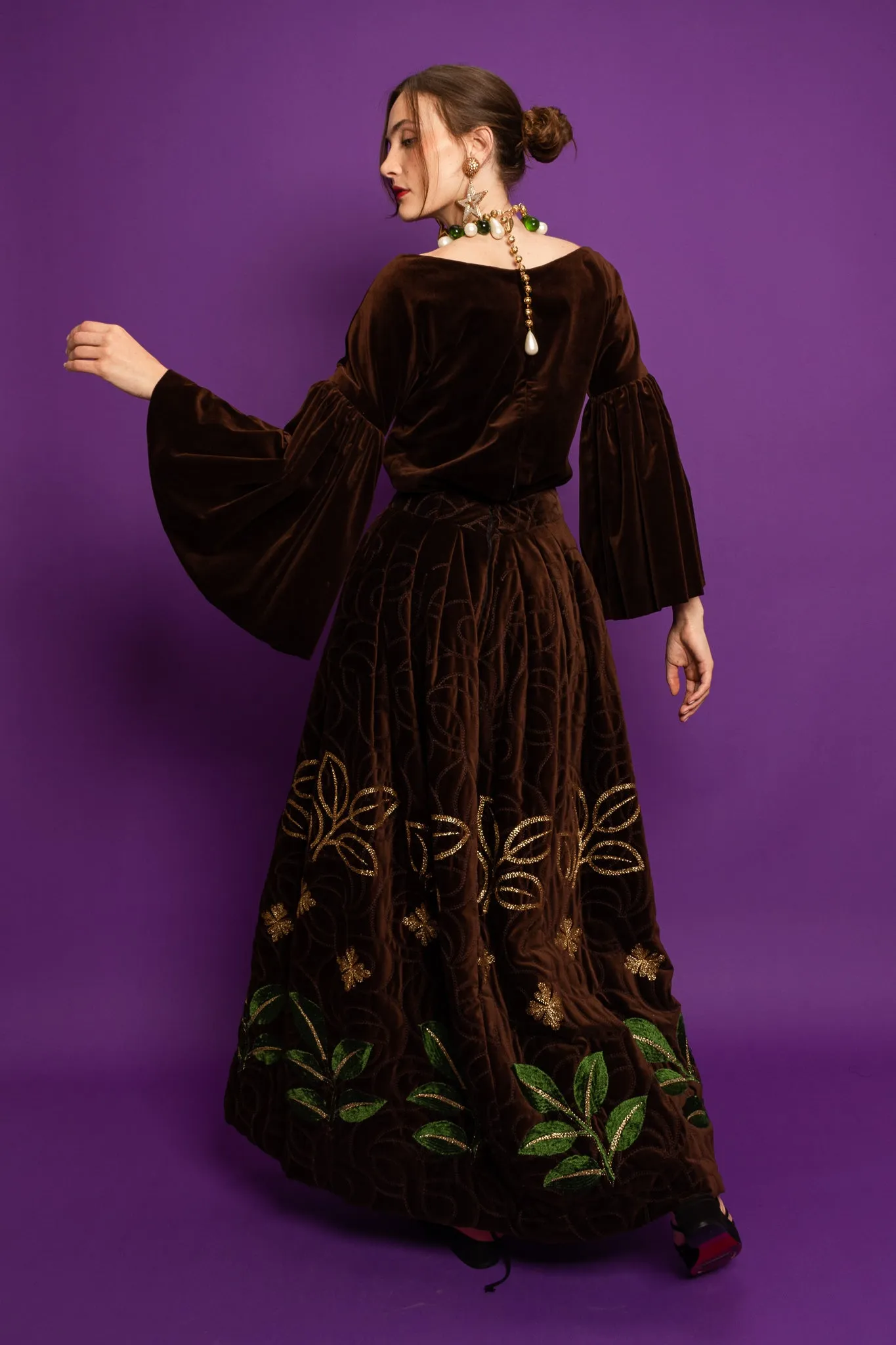 Velvet Leaf Embroidered Top & Skirt Set