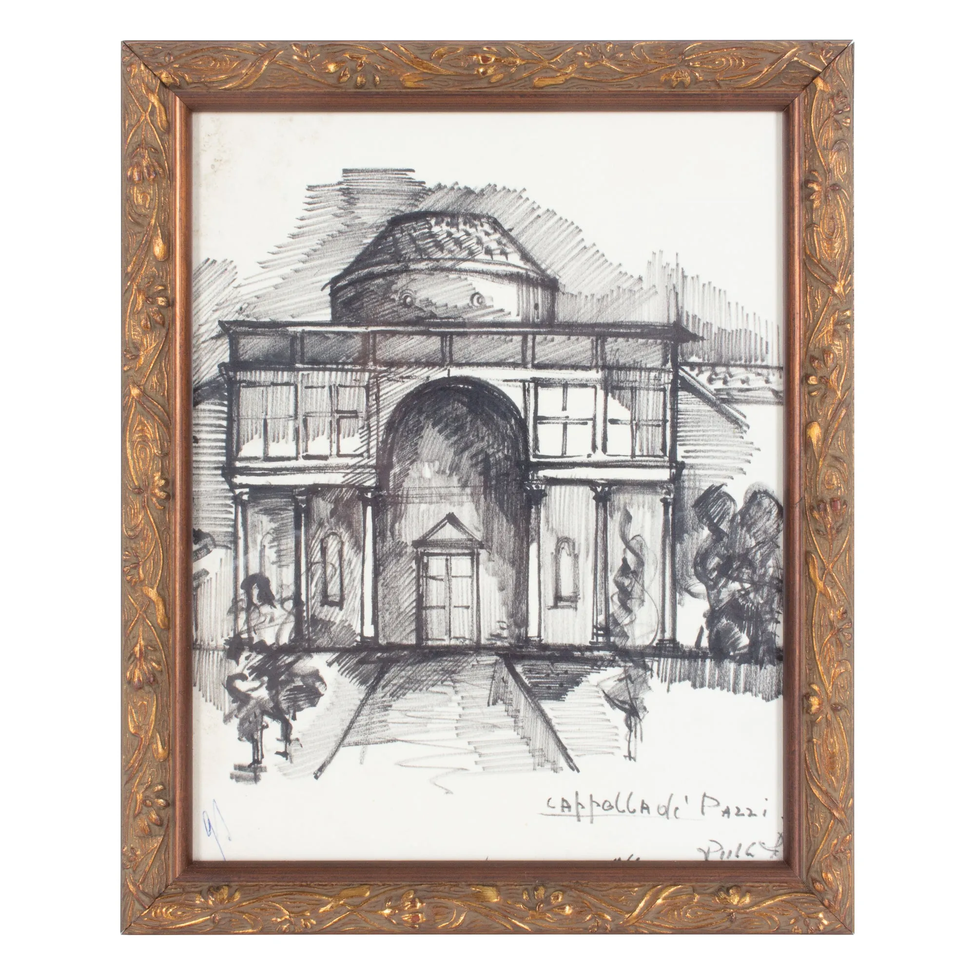 Vintage Italian Architectural Drawing in Gilt Frame