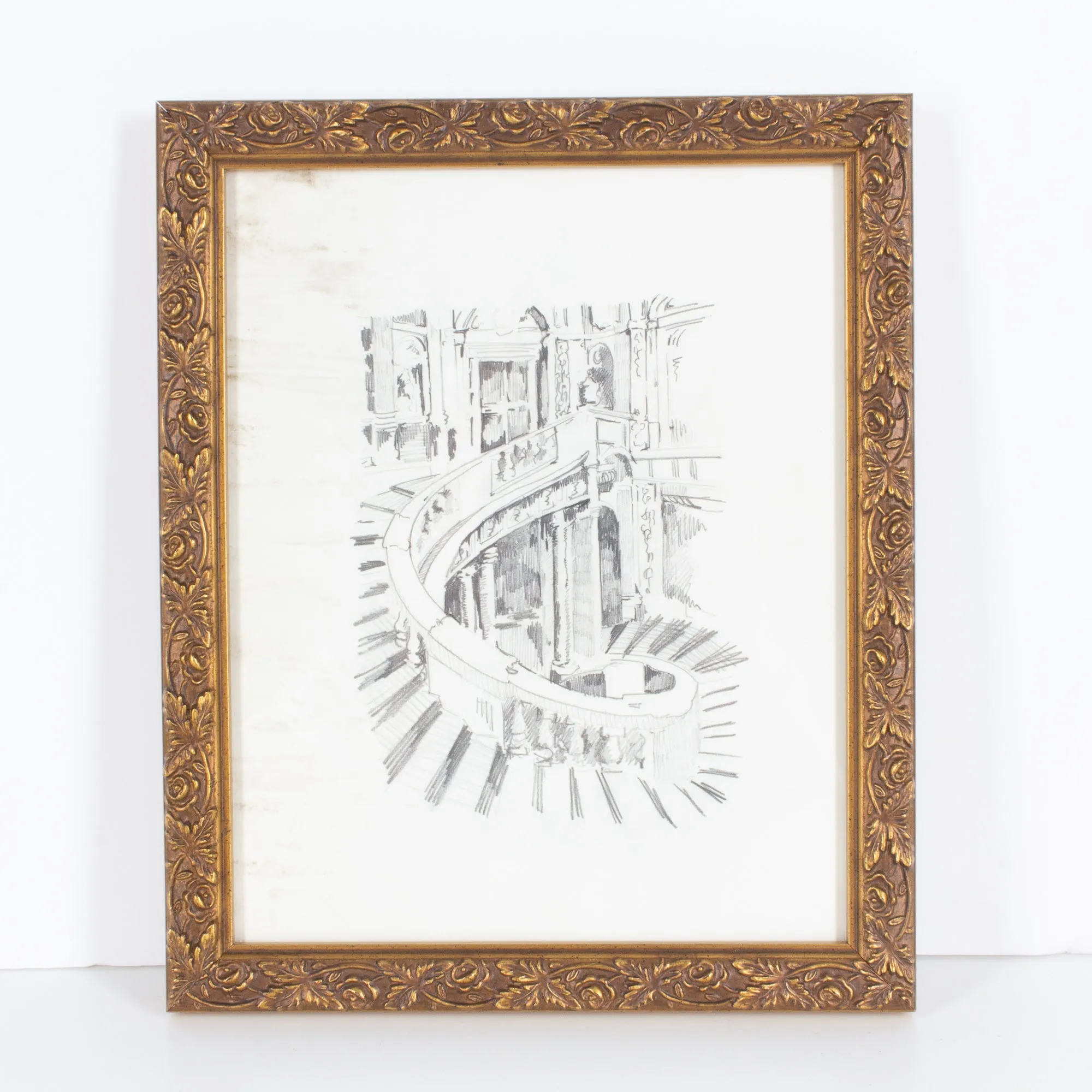 Vintage Italian Architectural Drawing in Gilt Frame