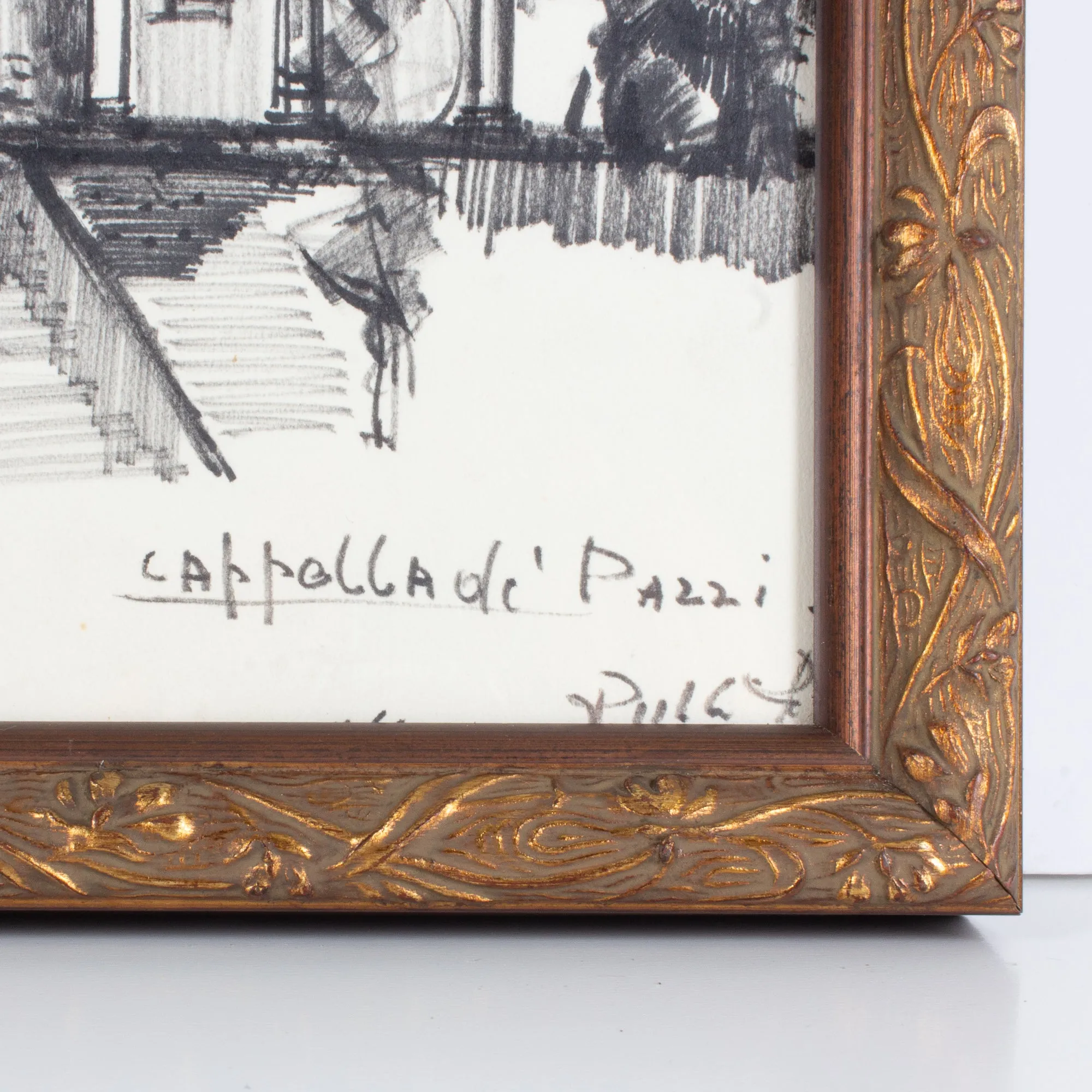 Vintage Italian Architectural Drawing in Gilt Frame