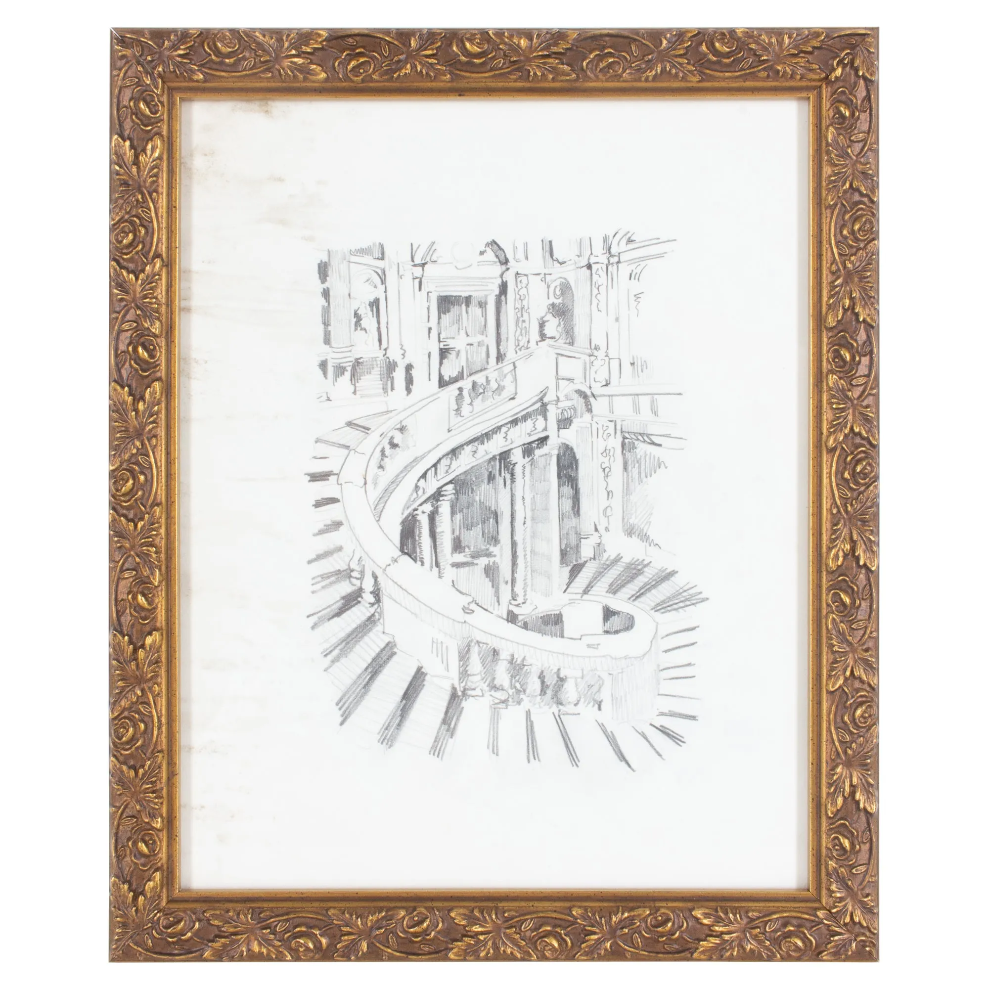 Vintage Italian Architectural Drawing in Gilt Frame