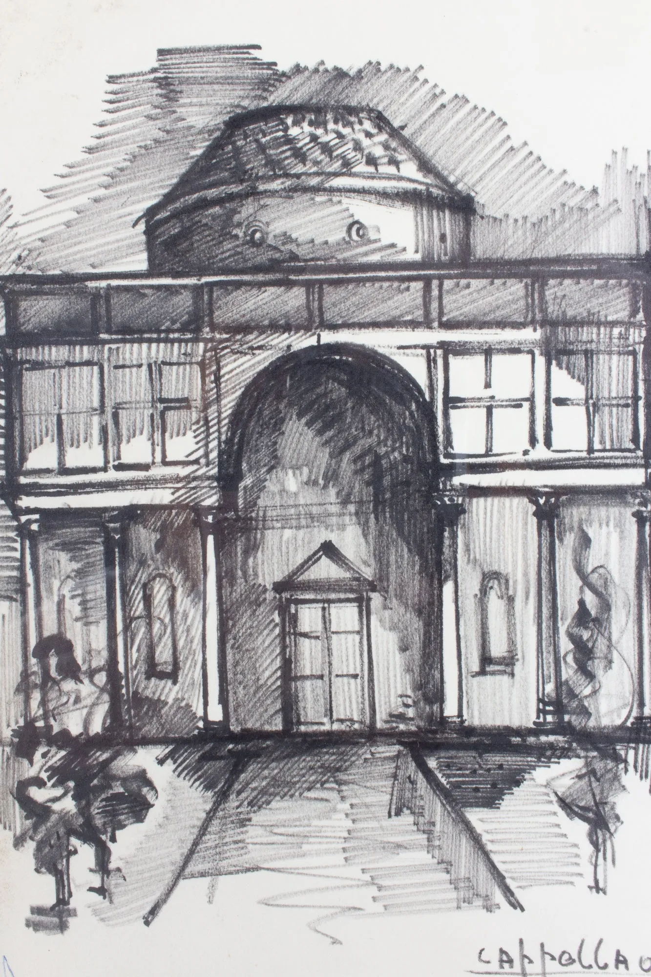 Vintage Italian Architectural Drawing in Gilt Frame