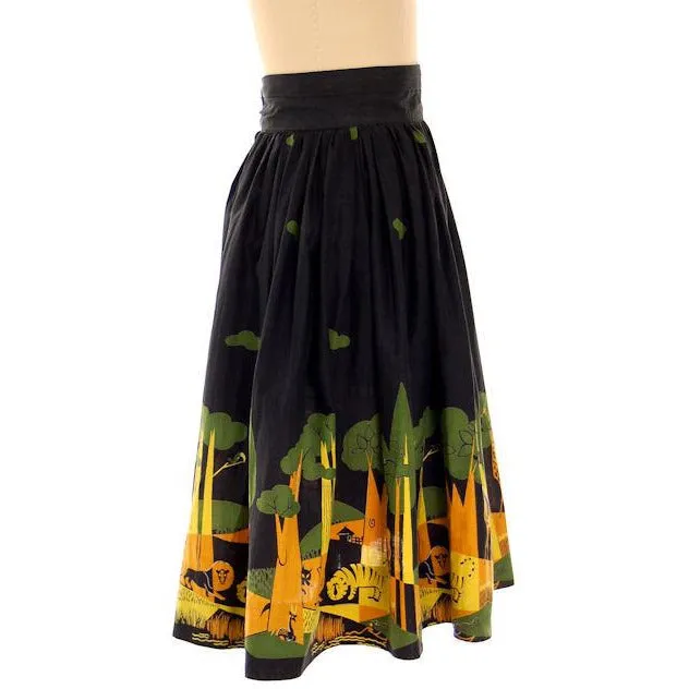 Vintage Ladies Cotton Skirt Fun Jungle Forest  Border Print 1940s 28" Waist