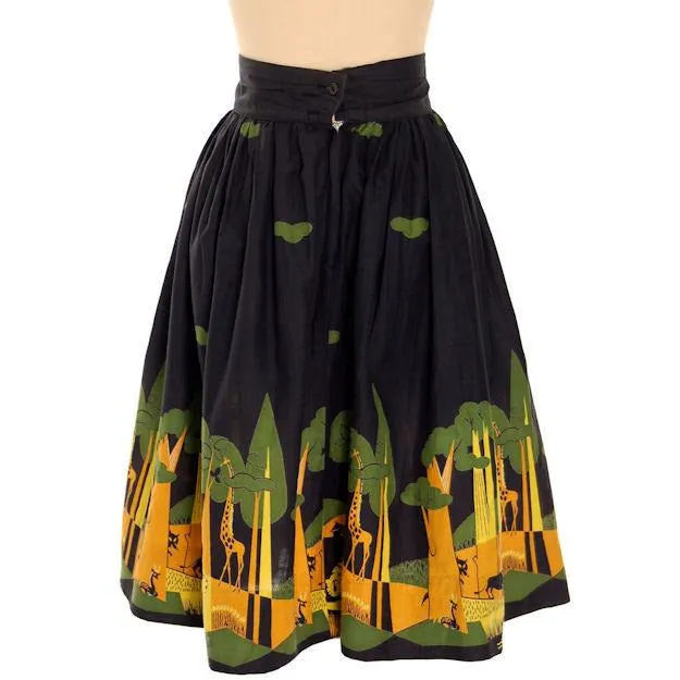 Vintage Ladies Cotton Skirt Fun Jungle Forest  Border Print 1940s 28" Waist